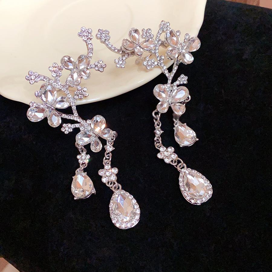Silver Needle Diamond Butterfly Flower Water Drop Earrings Earrings Integrated Earrings Light Luxury Premium Exaggerated Personality Earrings