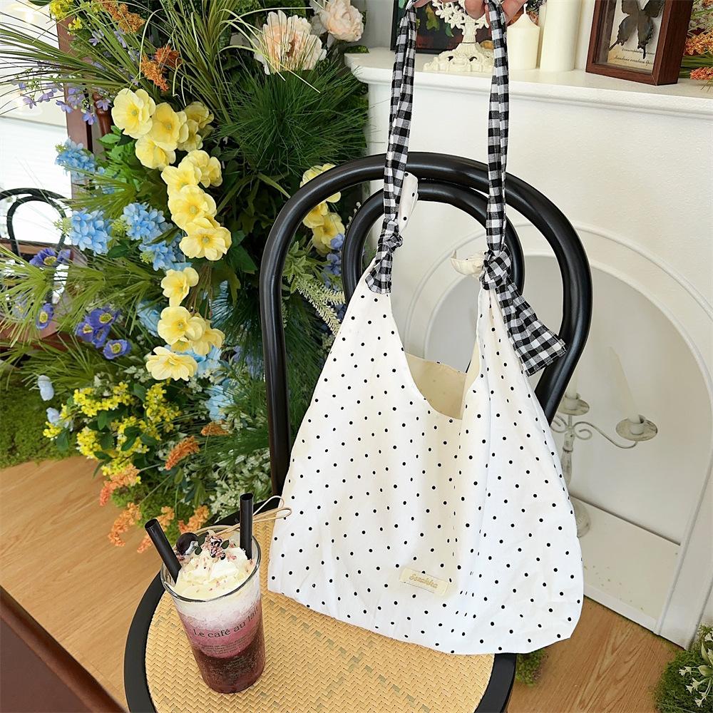 New Large Capacity Polka Dot Canvas Tote Bag Women Casual Shoulder Bag College Student School Book Bag