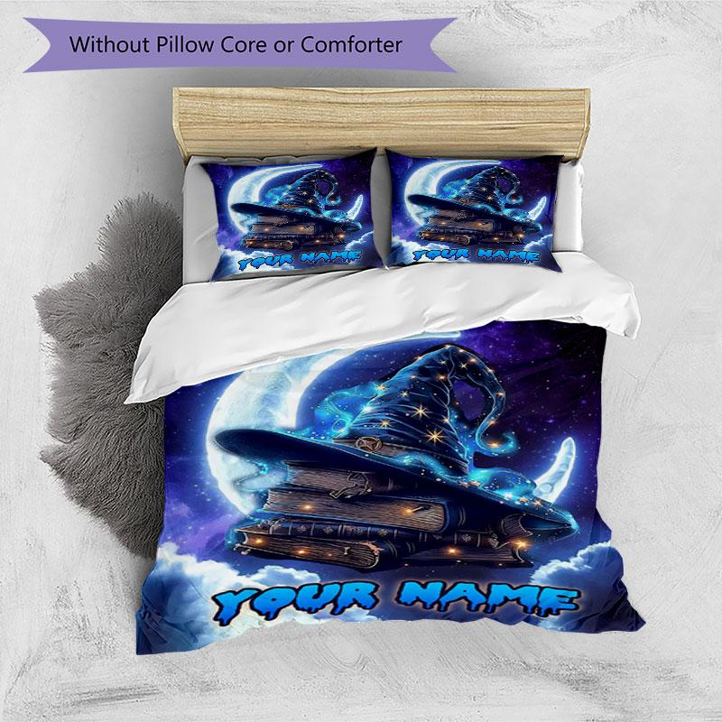 3pcs Custom Name Magic Hat Books Bedding Set Printed Bedding Set Duvet Cover Closure Includes 1 Duvet Cover & 2 Pillowcases Bedroom Decor
