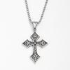 Men's Hip Hop Long Chain Necklace with Retro Distressed Floral Cross Pendant In Stainless Steel.