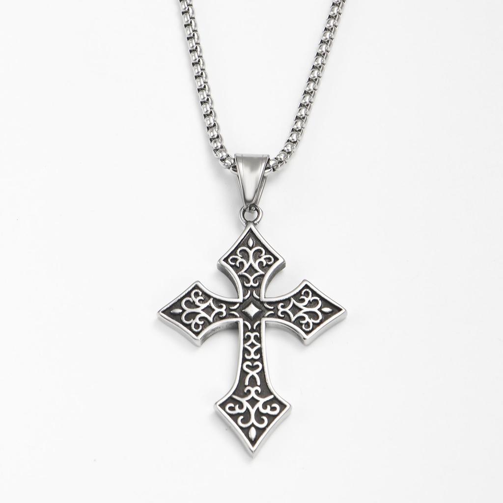 Men's Hip Hop Long Chain Necklace with Retro Distressed Floral Cross Pendant In Stainless Steel.