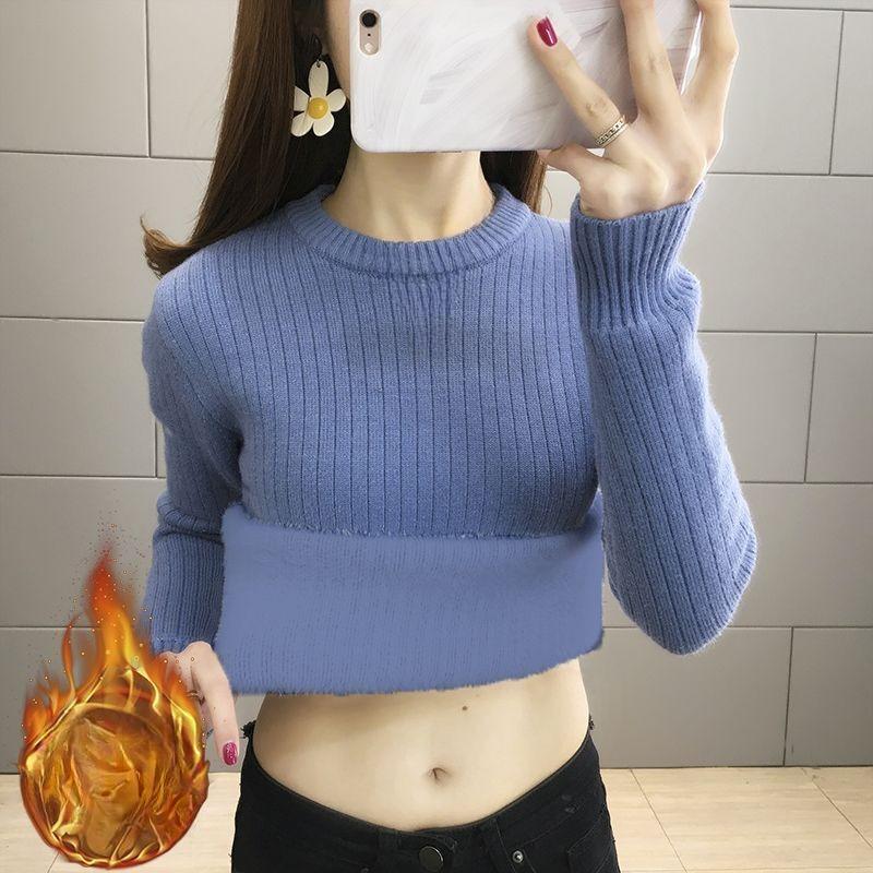 Women Elegant Thicken Velvet Lined Sweater Winter Warm Sueter Fleece Knitted Pullover Slim Round Neck Knitwear