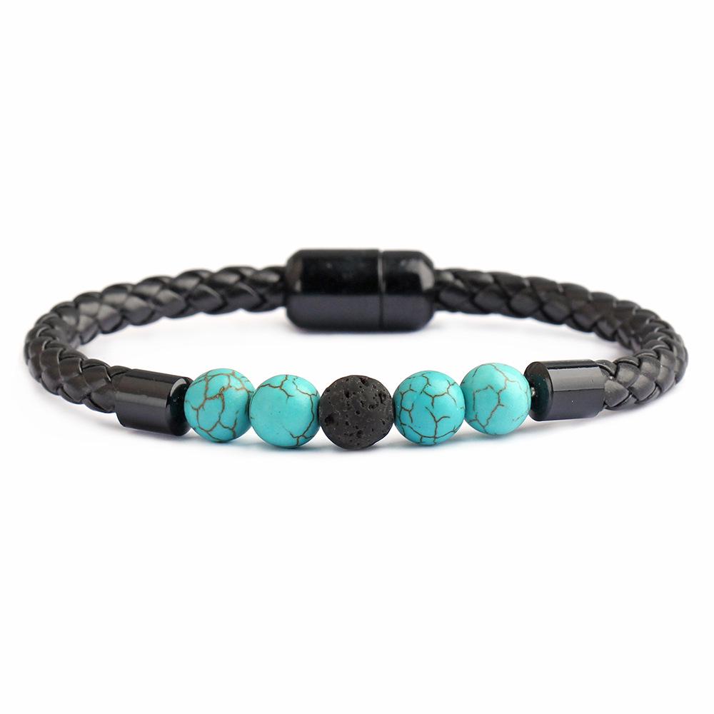 New Men's European American Style Stone Beaded Leather Bracelet with Magnetic Buckle