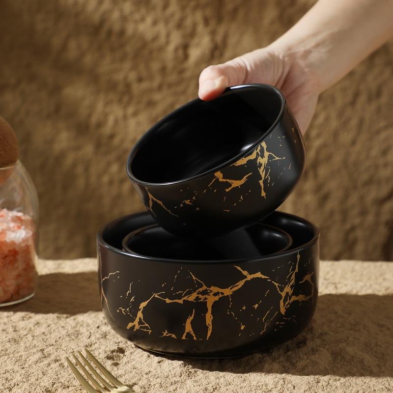 Ceramic Bowl Marble Pattern Instant Noodle  Snack BowlS Soup Bowl Household Rice  Cross-Border Gold Porcelain Gold Trim