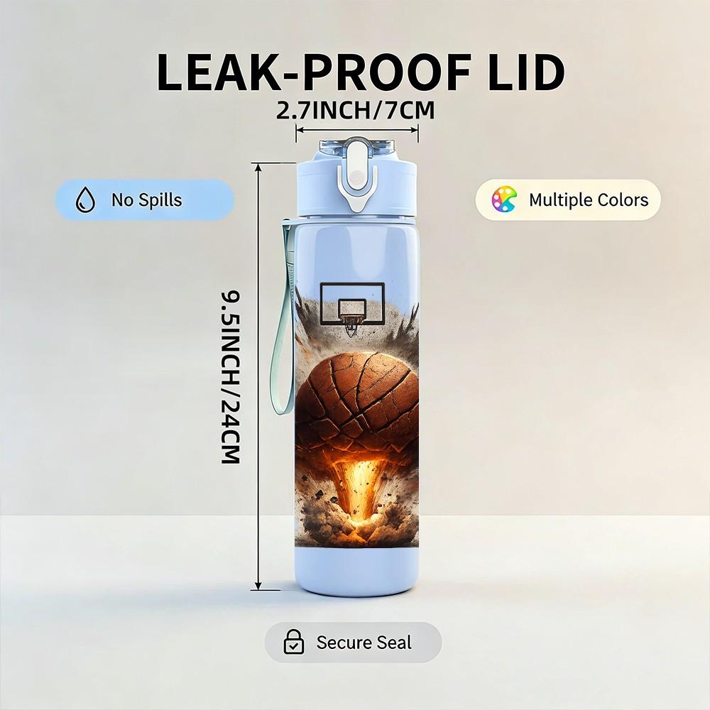 1PC Explosion Basketball Art Print 750ml Color Plastic Sports Water Bottle Leakproof Flip Straw Lid Suitable for Sports Office Home Use