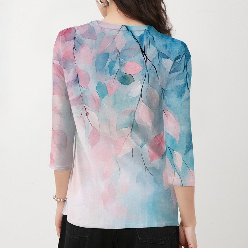 Women's Fashion Casual Round Neck 3/4 Sleeve Loose  Printed T-Shirt Ladies Top