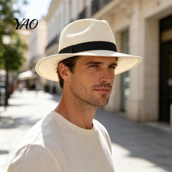 Boho Style Summer Hat Men Paper Straw Sun Hat, Breathable Wide Brim UV Protection Beach Foldable for Outdoor Vacation Travel