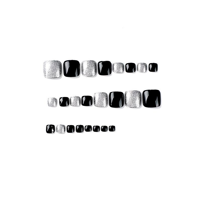 24Pcs/Set Quick Nails Short Black Toenails With Silver Glitter False Nials Sticker Wearable Waterproof Manicure Finished Nails