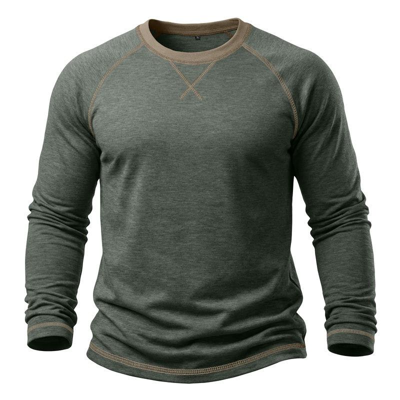 Mens Long Sleeve Round Neck Basic Color Block T Shirt