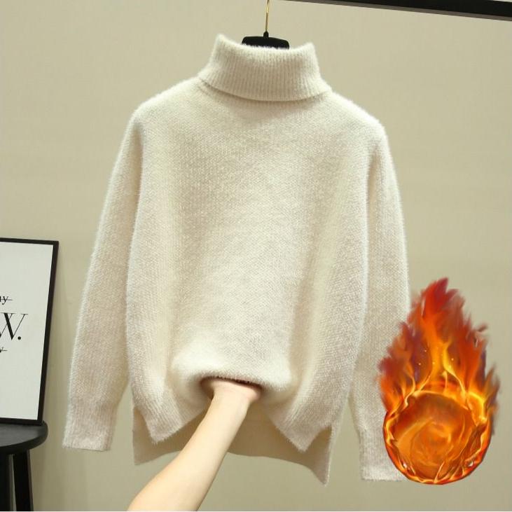 Winter Turtleneck  Thicken Sweater Women Casual Warm Plush Lining Knit Tops Add Velvet Bottomed Blue Pullover