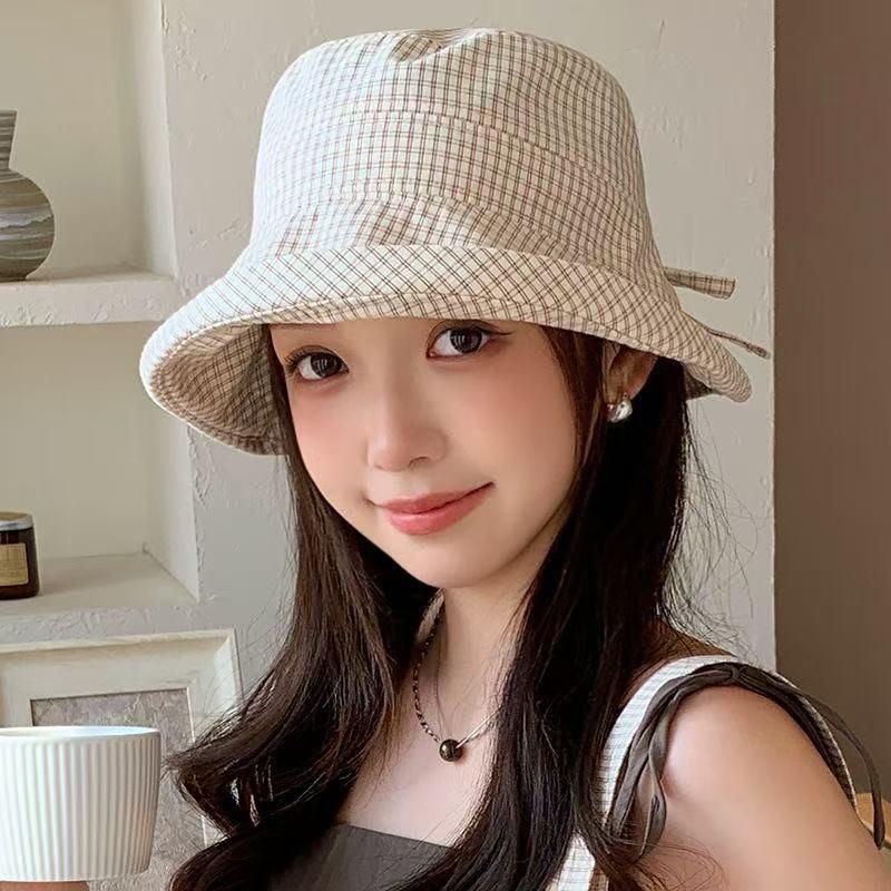 New Summer Women'S Plaid Rolled Brim Bucket Hat Wide-Brimmed Quick-Drying Sun-Protective Hat