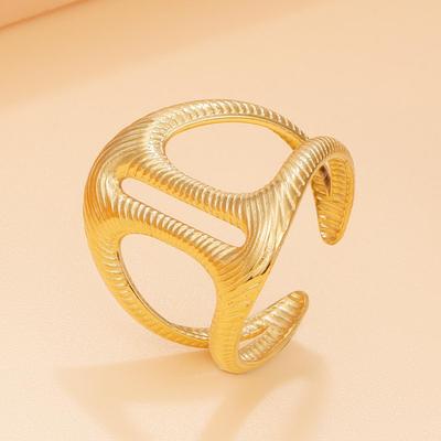 18K Gold Plated Wide Hollow Geometric Texture Stainless Steel Ring for Women