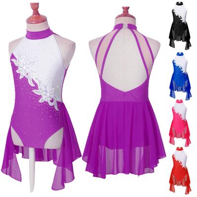 Kids Girls Sleeveless Lyrical Dance Dress Sequin Ballet Gymnastics Leotard Dress Hollow Back Figure Ice Skating Dress