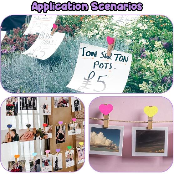 Heart Clothesp, 50 PCS Mini Colorful Clothesp Cute Wooden Clips Small Clothes Pin Photo String Hanging Photo Display with Clips for Home Party