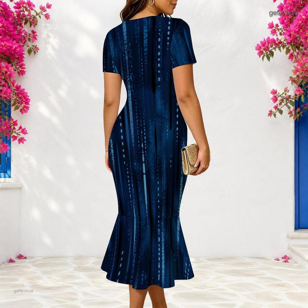 Women Plus Size V Neck Short Sleeve Printed Dark Blue Fitted Fishtail Dress