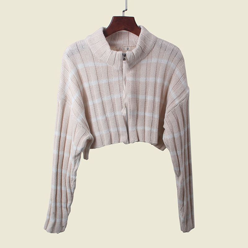 Export Contrast Color Stripes Zipper Short Cardigan Fall and Winter Long Sleeve Color Matching Knitting Sweater Female New Coat
