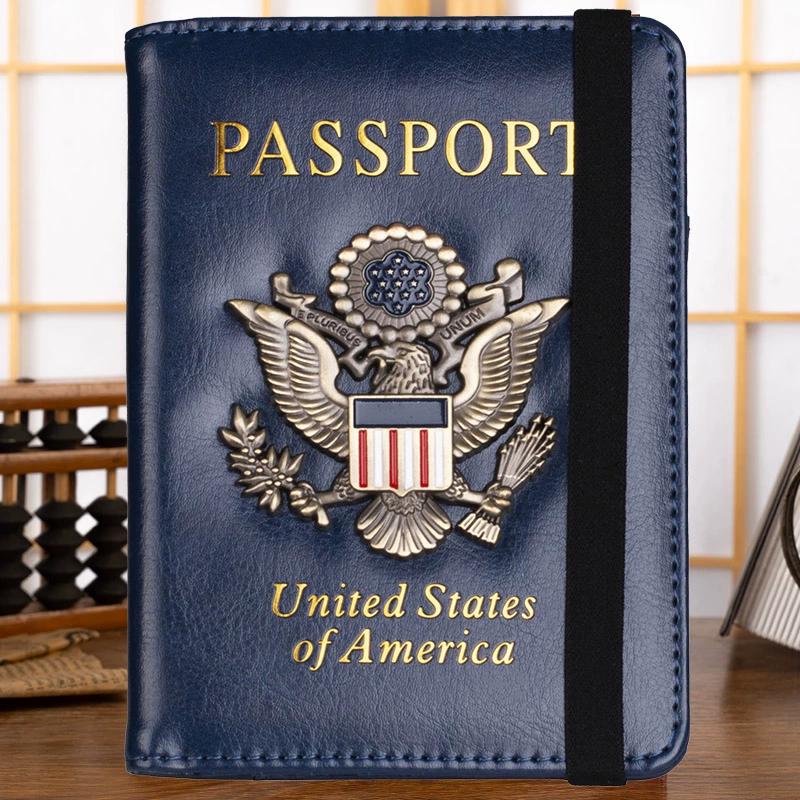 

2025 new black American passport cover metal LOGO elastic band multi-card passport clip anti-magnetic bank card cover темно-синього кольору