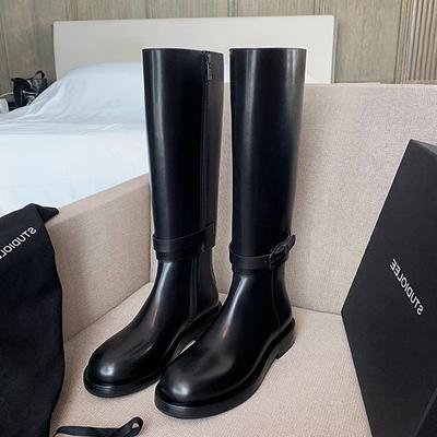 Botas de Couro Crianças Outono e Inverno Explosão Solado Grosso Cano Alto Solado Plano Preto Joelho Cavaleiro