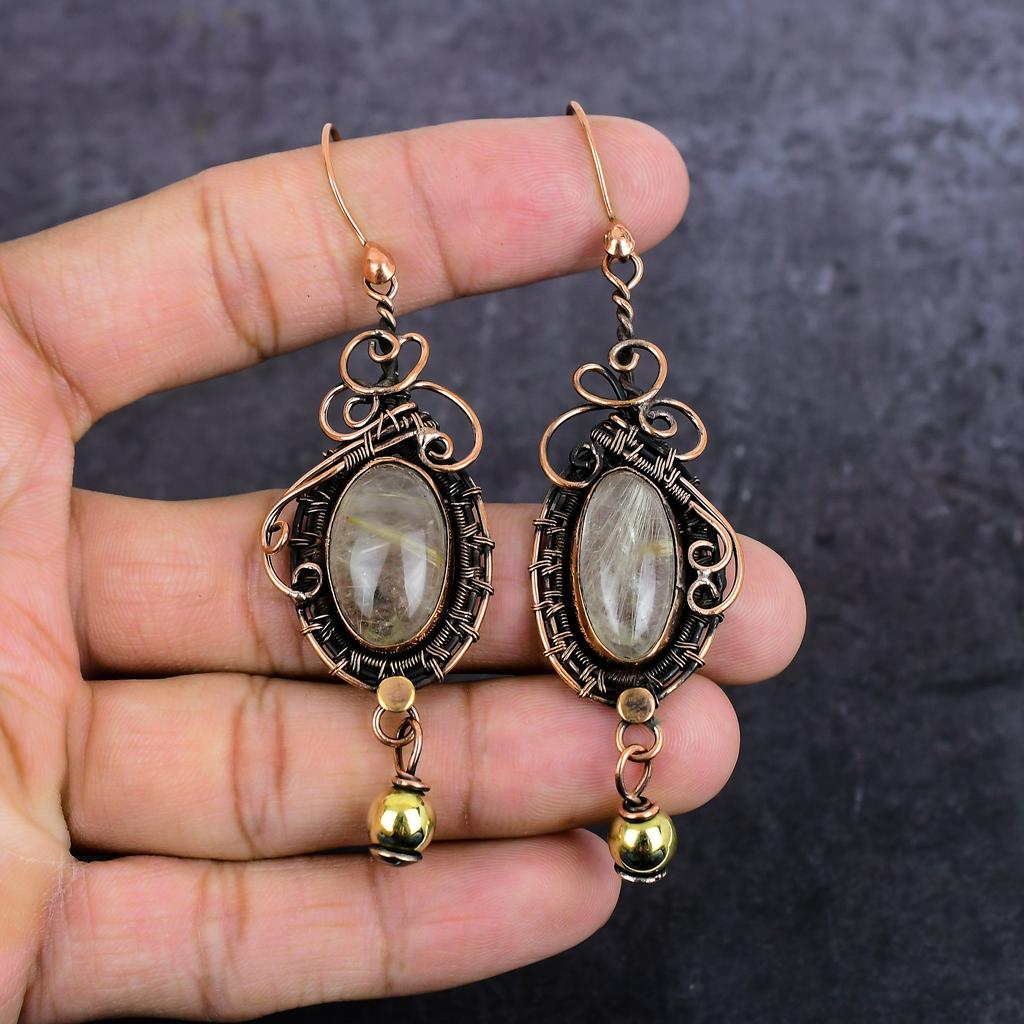 Natural Golden Rutile Gemstone Copper Wire Wrap Jewelry Earring 3.35" R3g82
