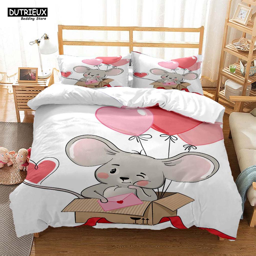 Lindo Juego de Cama de Tres Piezas con Estampado de Ratón de Dibujos Animados Suave y Cómodo Juego de Cama King Size Edredón Juegos de Cama