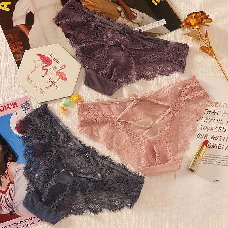 Sexy Lace Low Waisted Underwear Cross Bow Transparent Underpant Mesh Hollowed Out Semi Wrapped Buttocks Seamless Panties