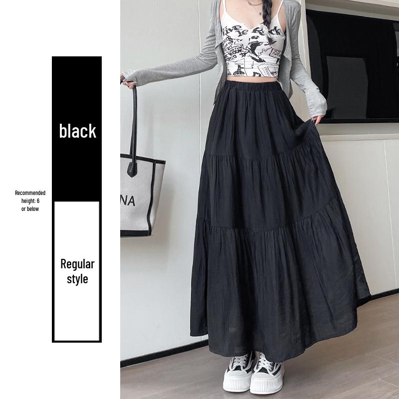 

Korean Style Layered Pink A-line Midi Skirt - High Waist, Slimming Hem for Women, Spring/Summer S чорний