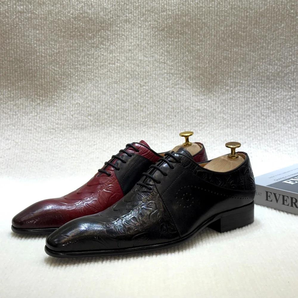 Fashion Luxury Men's Genuine Leather Dress Shoes Black Red Pointed Cap Toe Formal Oxford Lace-Up Party Wedding Footwear