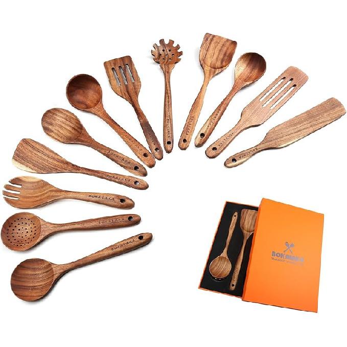 Wooden Spoons for Cooking,10 Pcs Natural Teak Wooden Kitchen Utensils Set Wooden Utensils for Cooking Wooden Cooking Utensils Wooden Spatulas for
