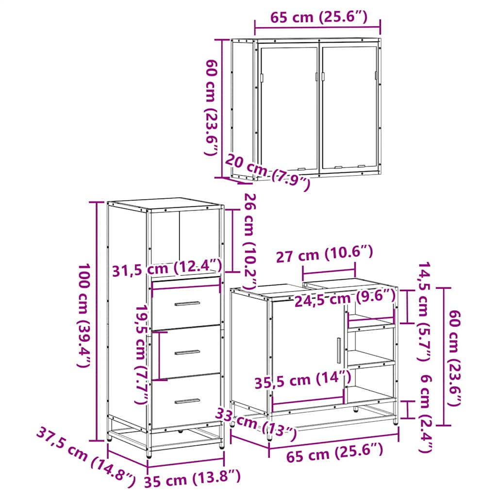 3 Piece Bathroom Furniture Set Smoked Oak Wood Based Material