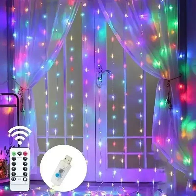 USB 3x1M Curtain String Lights 100 LED Fairy Lights with Remote Control 8 Modes Copper Wire for Room Window Christmas Wedding Party Decor