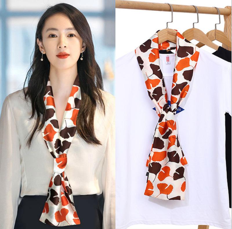 Fashion Long Skinny Silk Neck Scarf Collar Tie Women Foulard Bag Ribbon Scarves Floral Print Head Kerchief