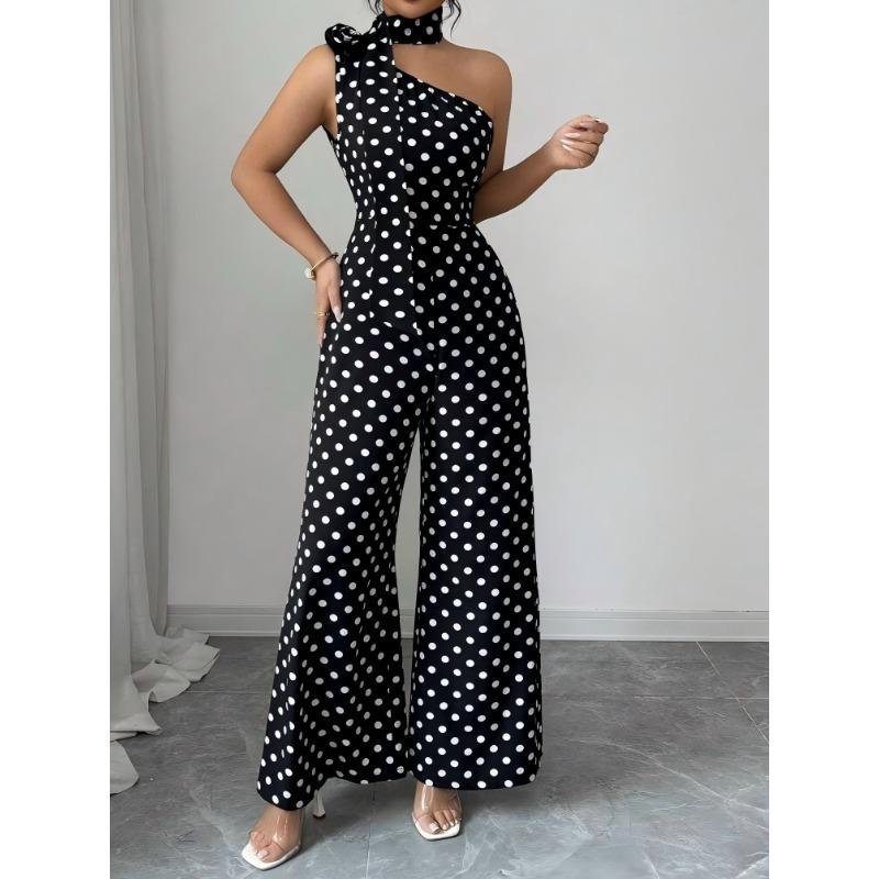 TIFICY Women s Fashion Casual Summer Spring Polka Dot Print Sleeveless Hanging Neck High Waist Trousers Jumpsuits & Rompers XS чёрный