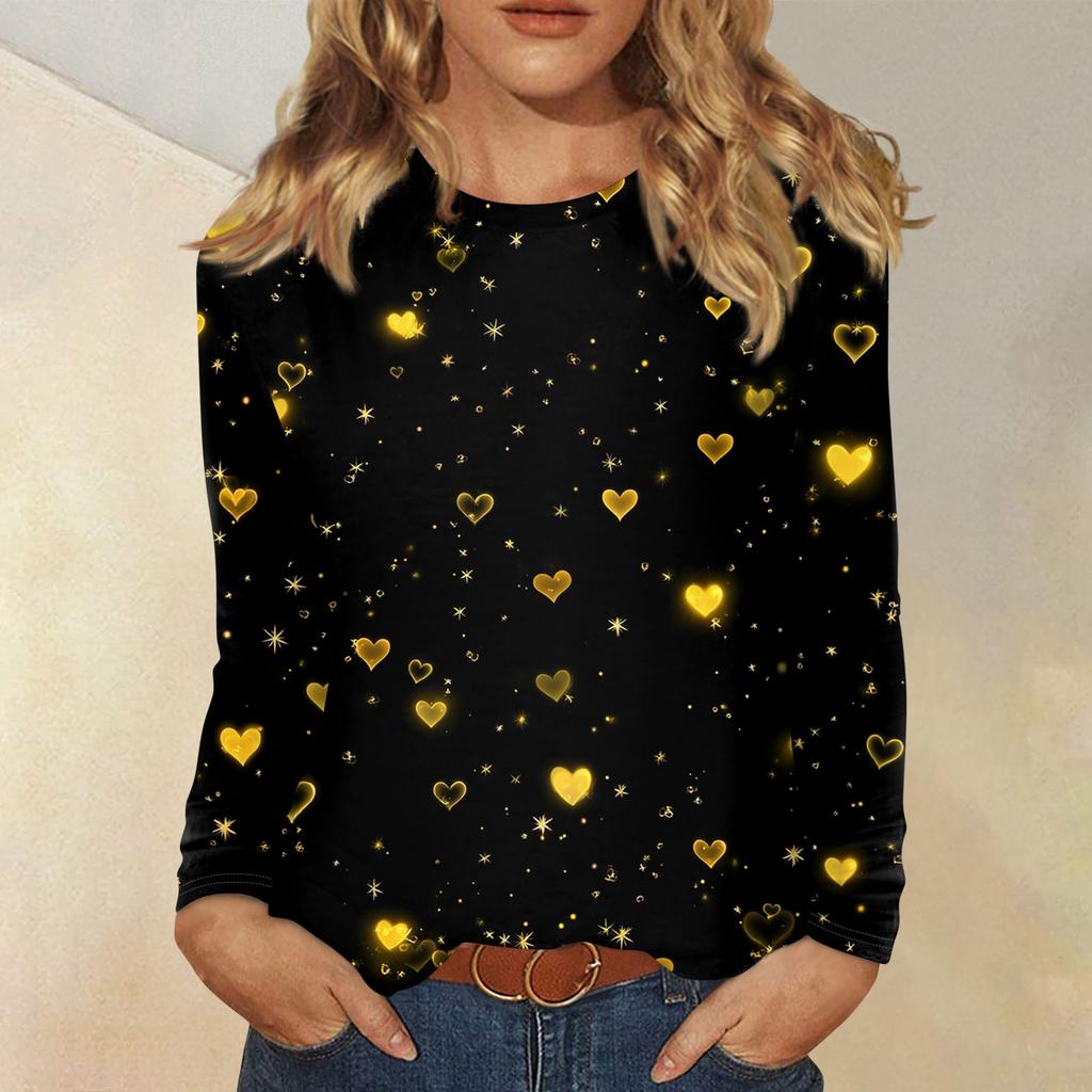 Women's Valentine's Day Fashionable Heart Print Round Neck Long Sleeve Pullover Top