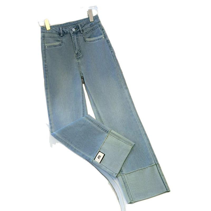 Women's Retro High Waist Patchwork Jeans - Slimming Straight Leg Cigarette Pants, Spring/Autumn 2025 Collection.