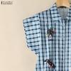 ZANZEA Women Casual Turn Down Collar Short Sleeve Loose Plaid Print Blouse