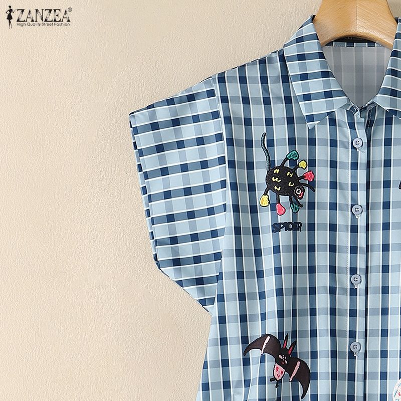 ZANZEA Women Casual Turn Down Collar Short Sleeve Loose Plaid Print Blouse