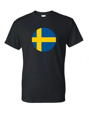 Round Swedish Flag T-Shirt Tee Shirt Black White Cotton TShirt Sweden SE