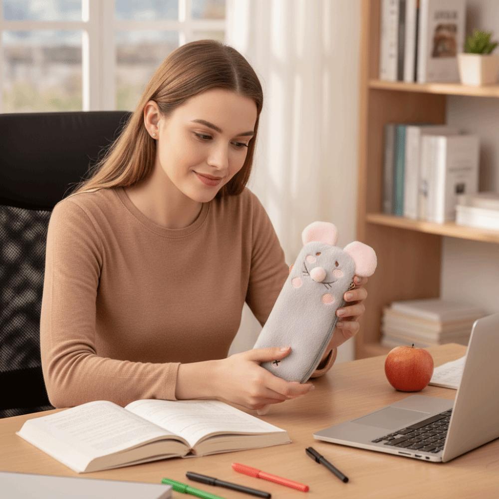 Large Capacity Mouse Plush Pencil Case Portable Stationery Pouch Daily Use