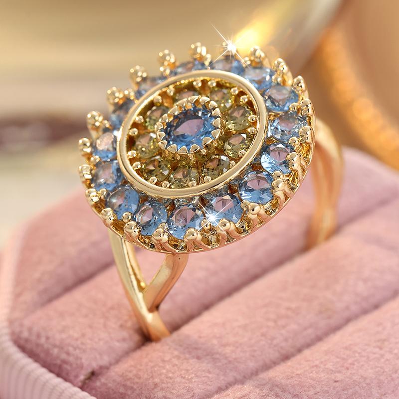 Exquisite Inlaid Sea Blue CZ Women's Ring Trendy Gold Color Geometry Daily Wear Party Jewelry Anniversary Gift