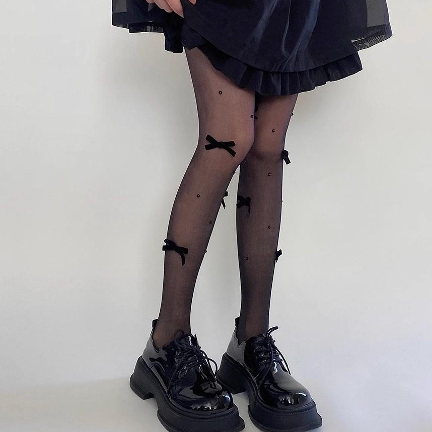 

Women s Japanese Ballet Style White Stockings with Bow & Pearl Accents - Lolita Fashion One Size чёрный
