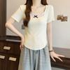 Women's Summer Korean Style Slim Bow Lace Patchwork Short Sleeve T-Shirt