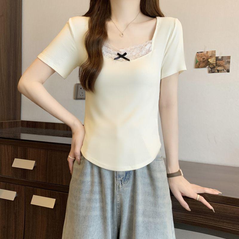 Women's Summer Korean Style Slim Bow Lace Patchwork Short Sleeve T-Shirt