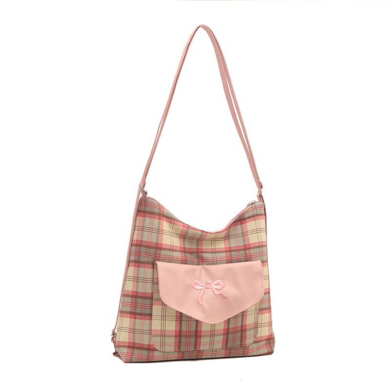 Fashion Multifunctional Contrast Color Plaid Large Capacity Casual Fashion College Sweet Bow One Shoulder Tote Bag Women
