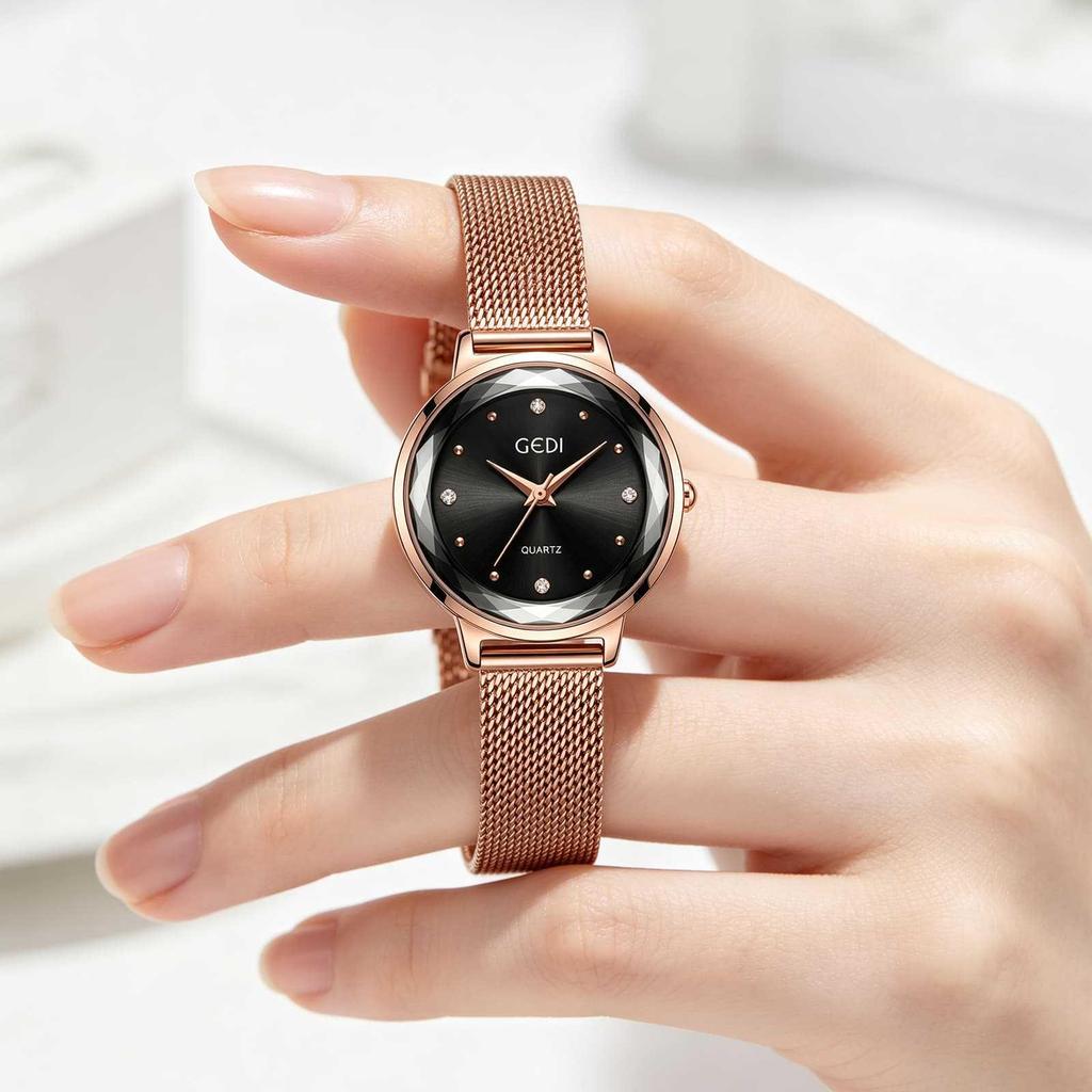 Gedi Elegant Mesh Strap Women's Quartz Watch with Faceted Diamond Markers, Waterproof and Versatile for Everyday Wear.