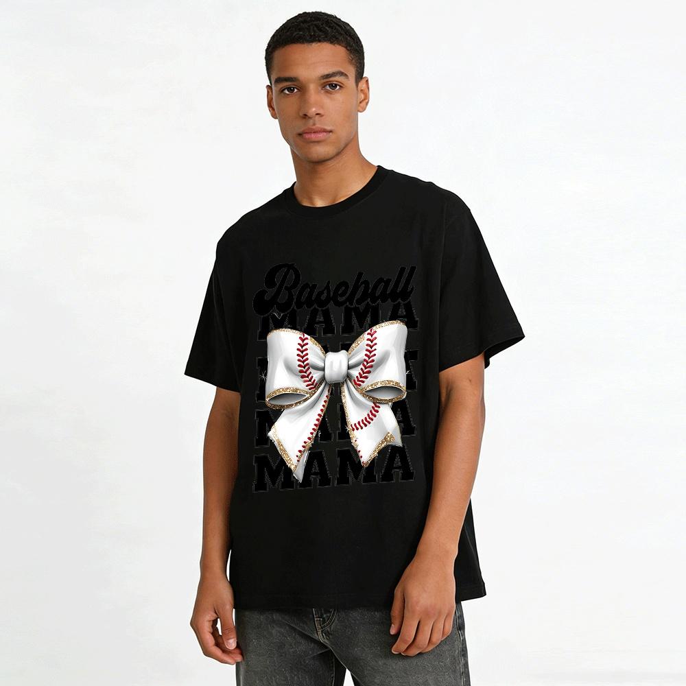 Baseball Mama Bow Print Casual Loose Fit Short Sleeve Top Pure cotton T-shirt