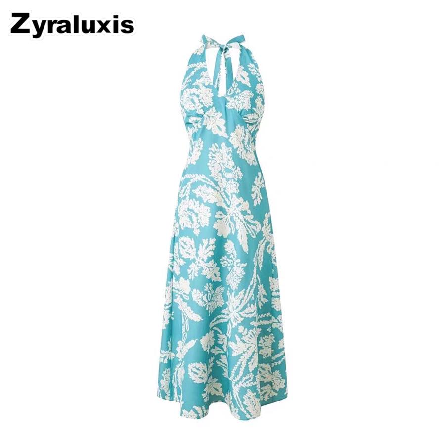 Gorgeous Beach Dress Summer Vacation French Sleeveless Halter Waist Empire Blue Floral V-Neck Backless Maxi Dress S