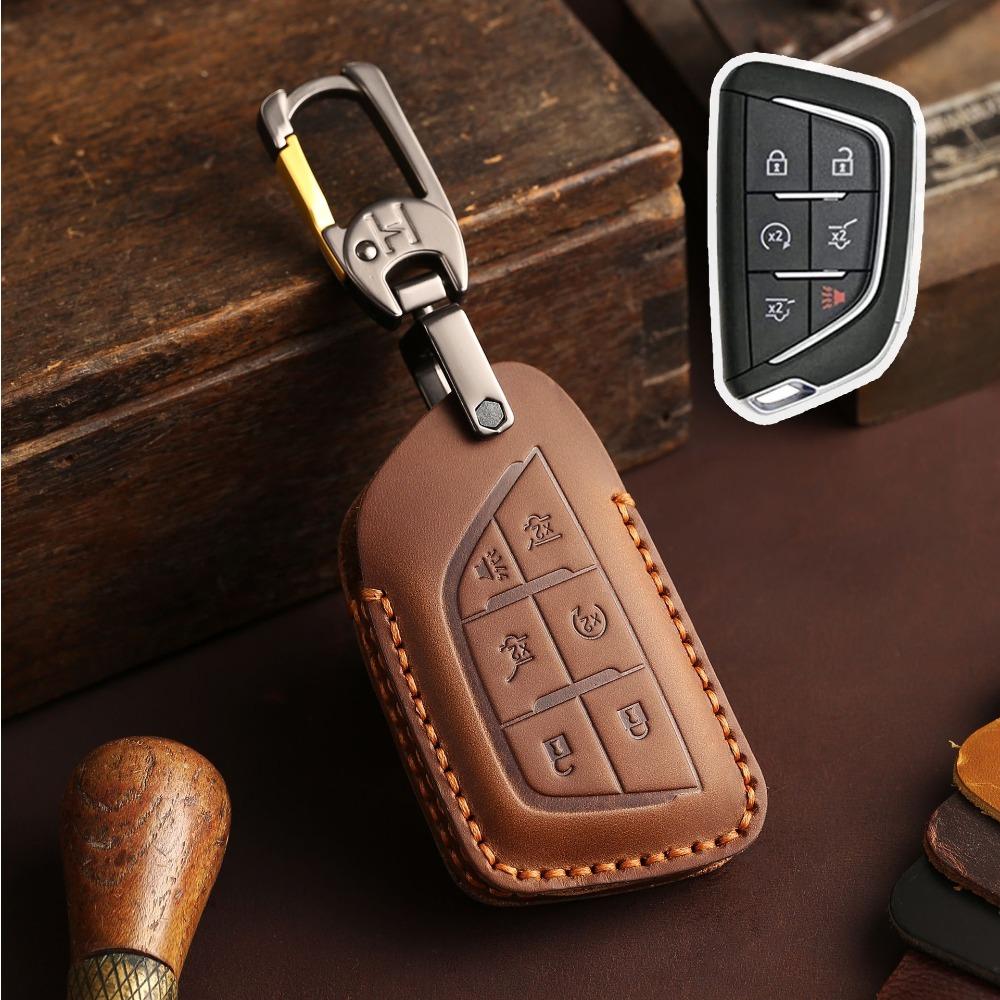 Handmade Genuine Leather Key Case Cover for New Cadillac CT5 CT4 Retro Car Key Fob Holder Protector