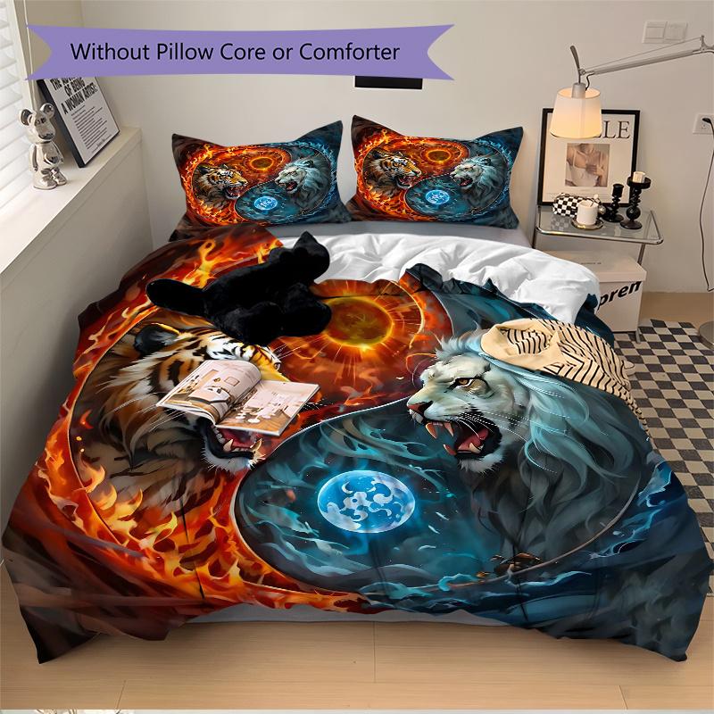 3pcs Tiger Yin Yang of Fire and Ice Bedding Set - Includes 1 Quilt Cover and 2 Pillowcases, Comfortable Bedding with Stylish Design for Bedroom,