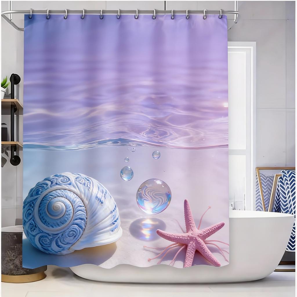 Beach Themed Shower Curtain With Sea Shells And Blue Starfish Design - Watercolor Effect For Home Bathroom Decor Elevate Space