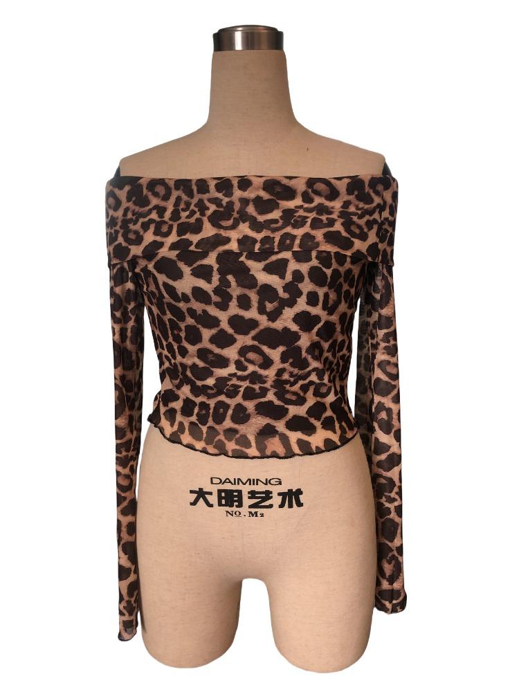 Sexy One-Shoulder Long Sleeve T-Shirt Leopard Mesh Tops Sexy Hottie Versatile Closet Essential Fashion Items Shirt